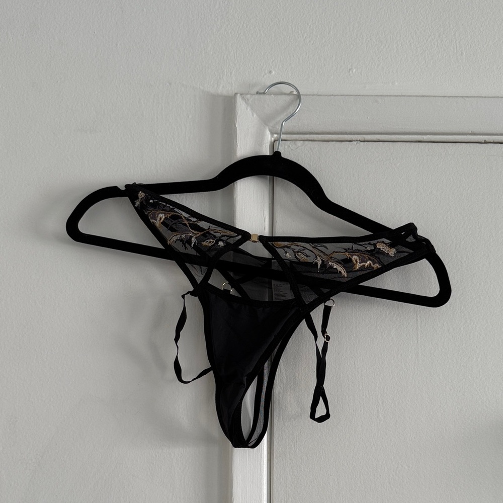 Thistle and Spire Black Sheer Thong with Gold Detail